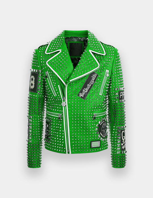 Men's Full Studded Embroidery Patches Leather Jacket, Biker-Jacke mit Nieten